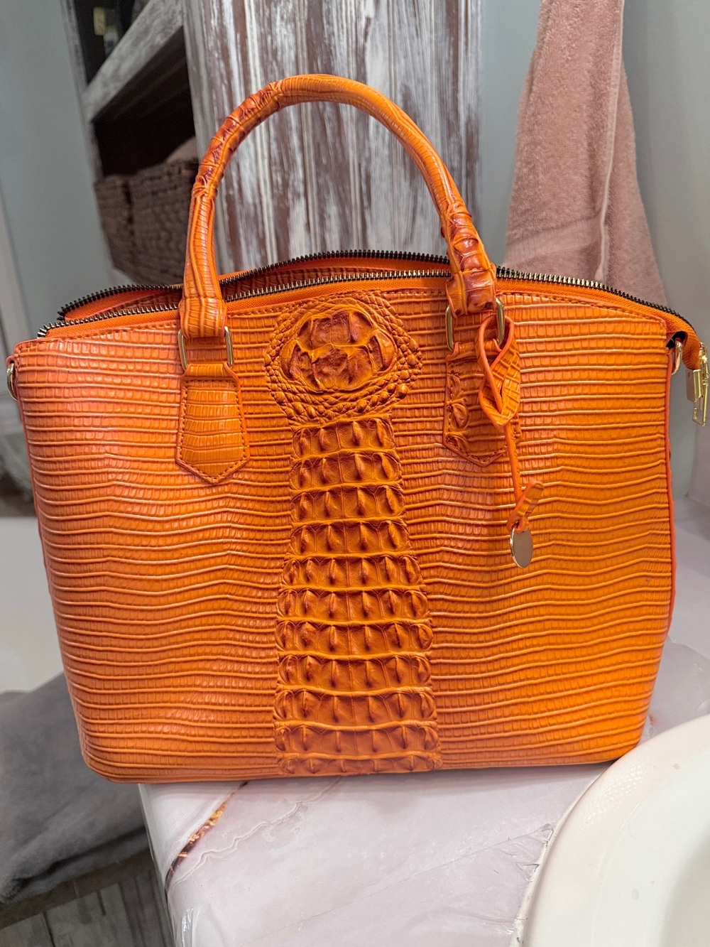 Orange Croc-Texture Top-Handle Tote